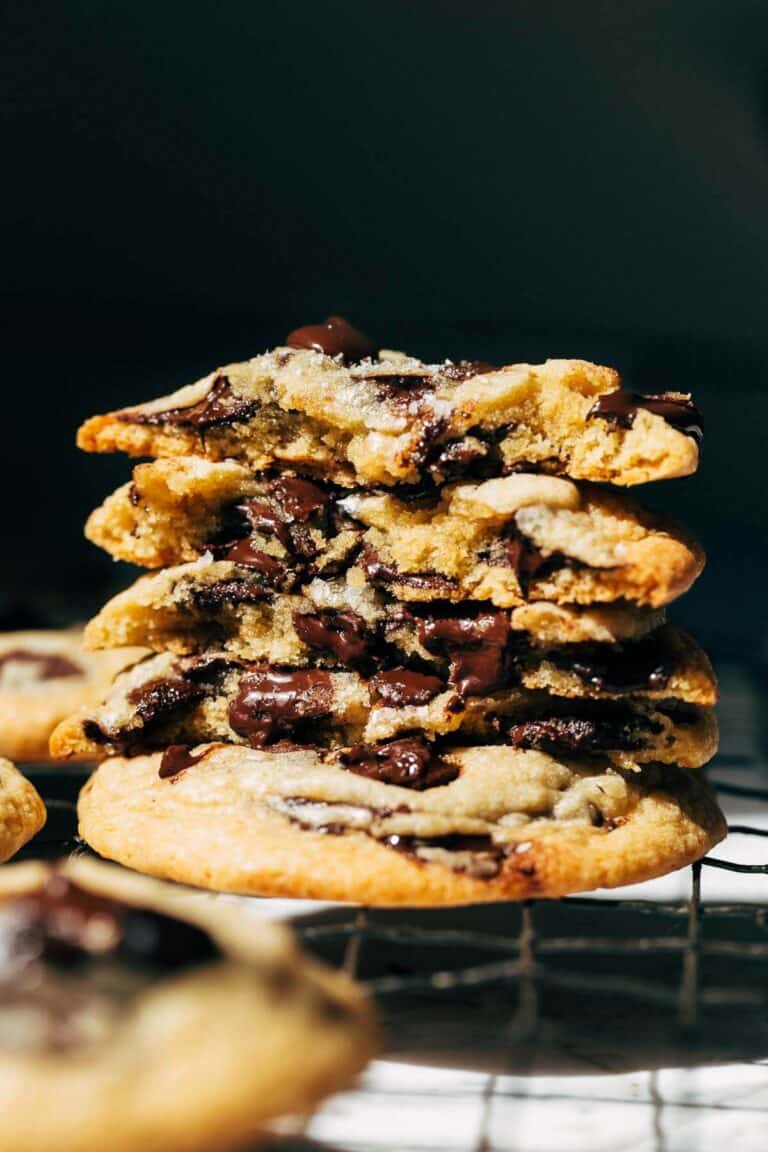 inside a stack of soft chocolate chip cookies