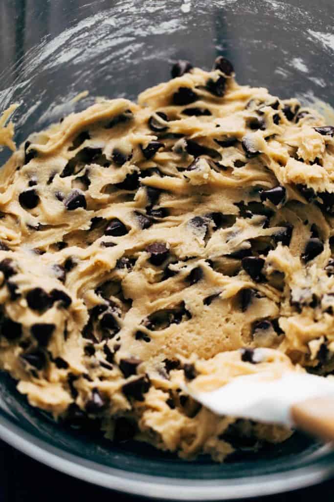 a bowl of chocolate chip cookie dough