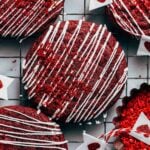 the top of a drizzled red velvet cookie