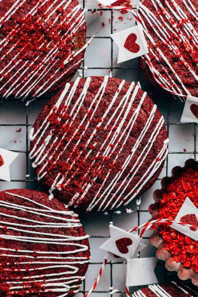 the top of a drizzled red velvet cookie